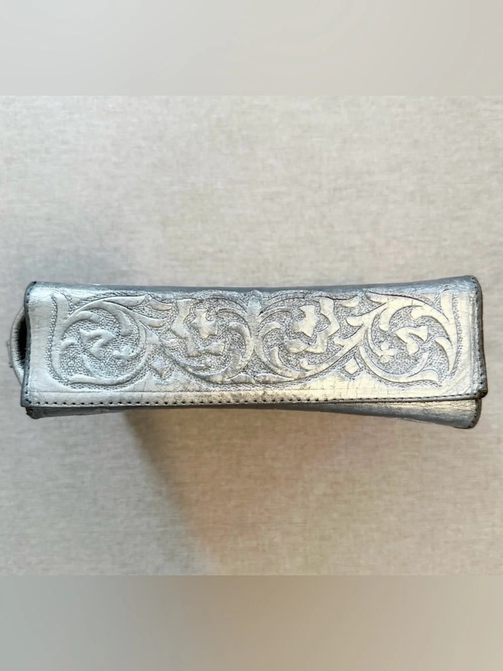 Carolina Crowley Chiseled Tooled Leather Silver Clutch Purse